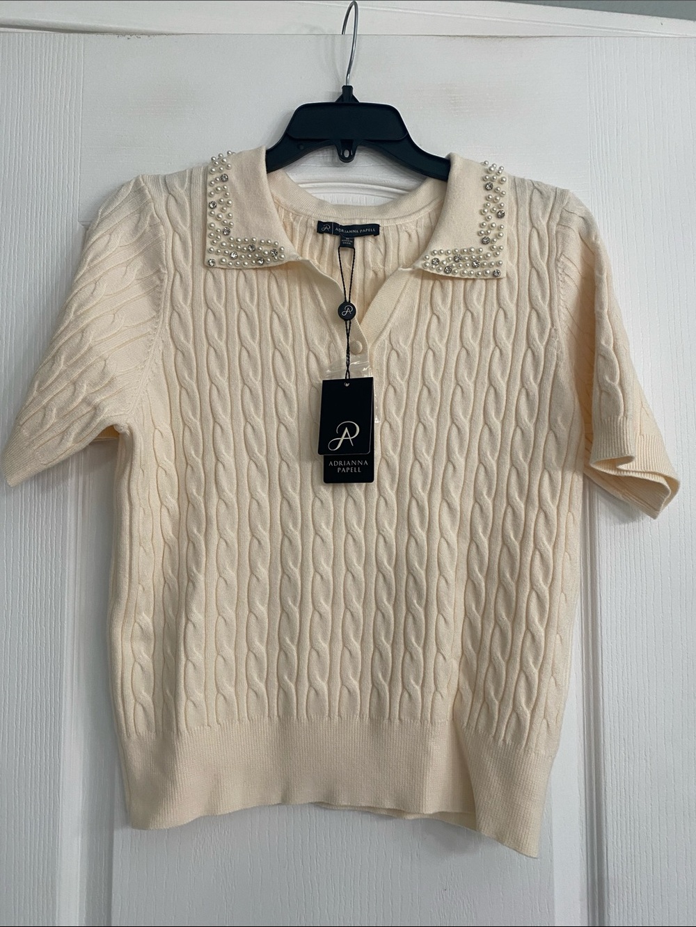 Adrianna Papell Pearl-Embellished Cable Knit Polo in Cream
